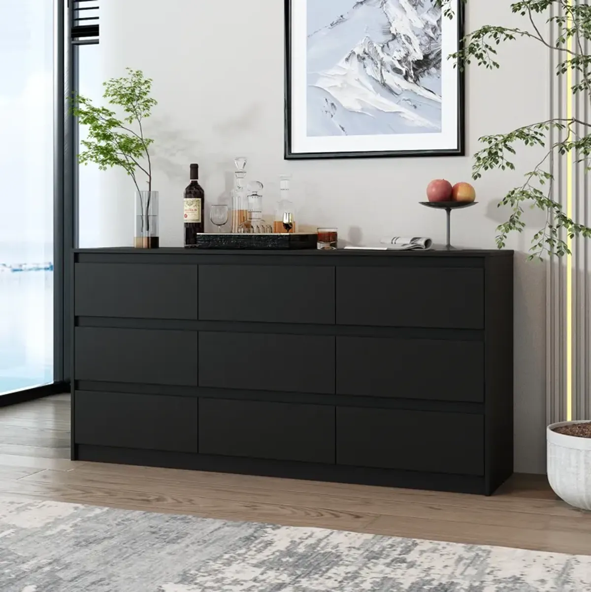 9-Drawer Black Wood Dresser Modern Style 31.5 in. H x 63 in. W x 15.7 in. D