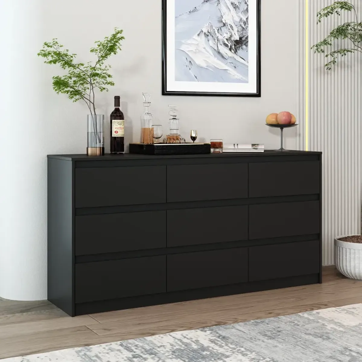 9-Drawer Black Wood Dresser Modern Style 31.5 in. H x 63 in. W x 15.7 in. D