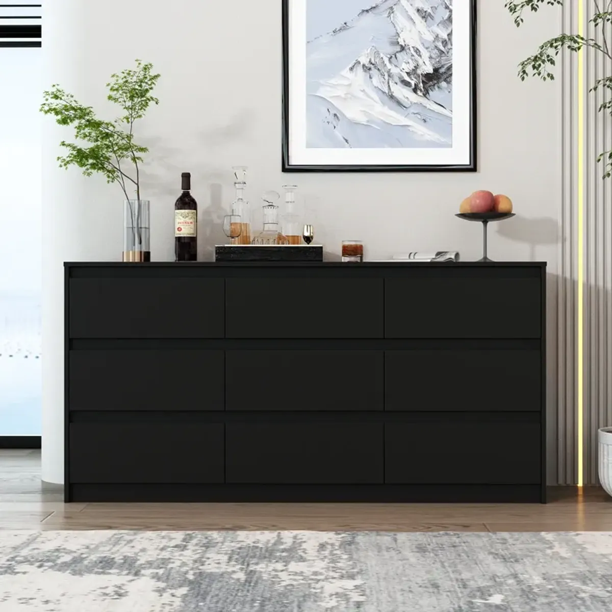 9-Drawer Black Wood Dresser Modern Style 31.5 in. H x 63 in. W x 15.7 in. D