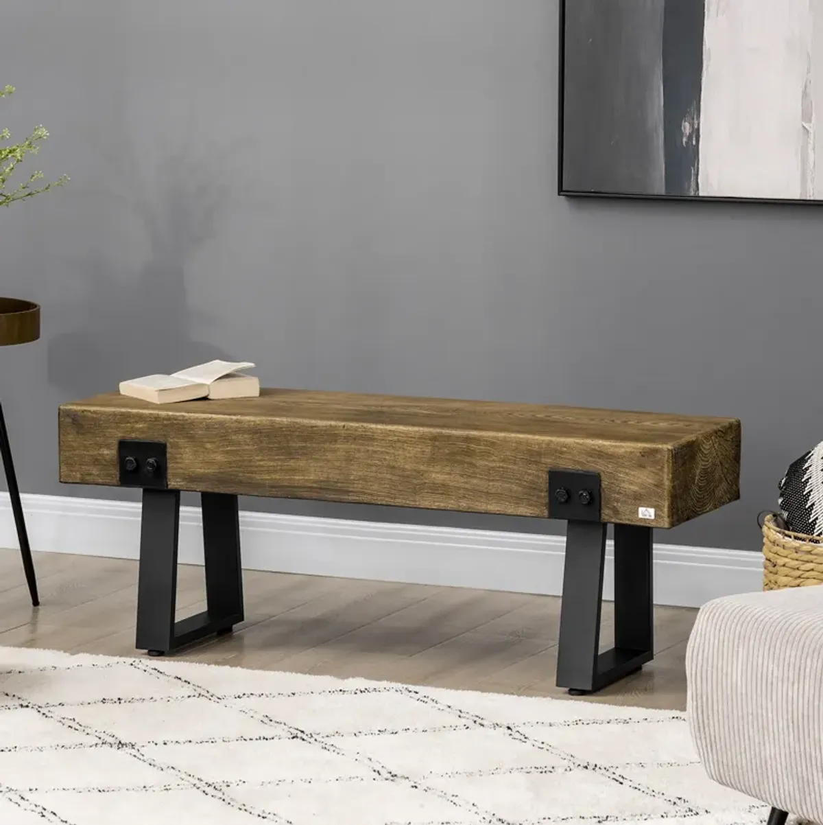 Black/Natural Bench: Rustic Wood Hallway Seat with Metal Legs