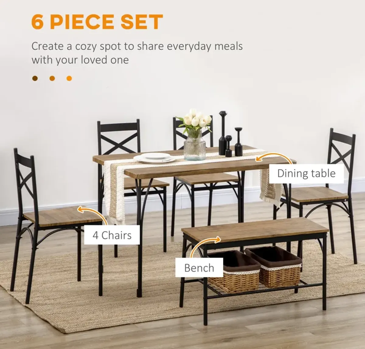 Rustic Brown Dining Set: 6-Piece Industrial Table with Bench