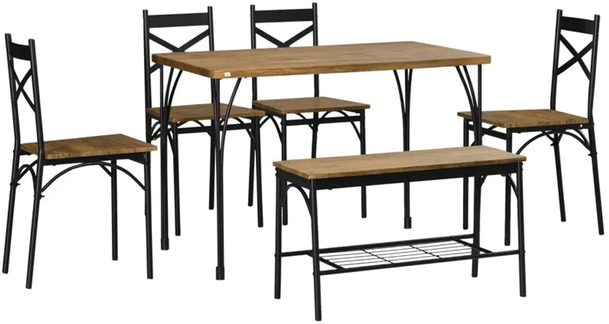 Rustic Brown Dining Set: 6-Piece Industrial Table with Bench