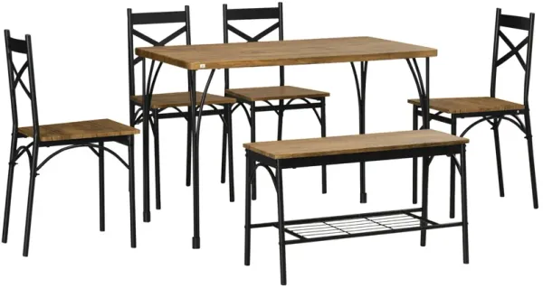 Rustic Brown Dining Set: 6-Piece Industrial Table with Bench