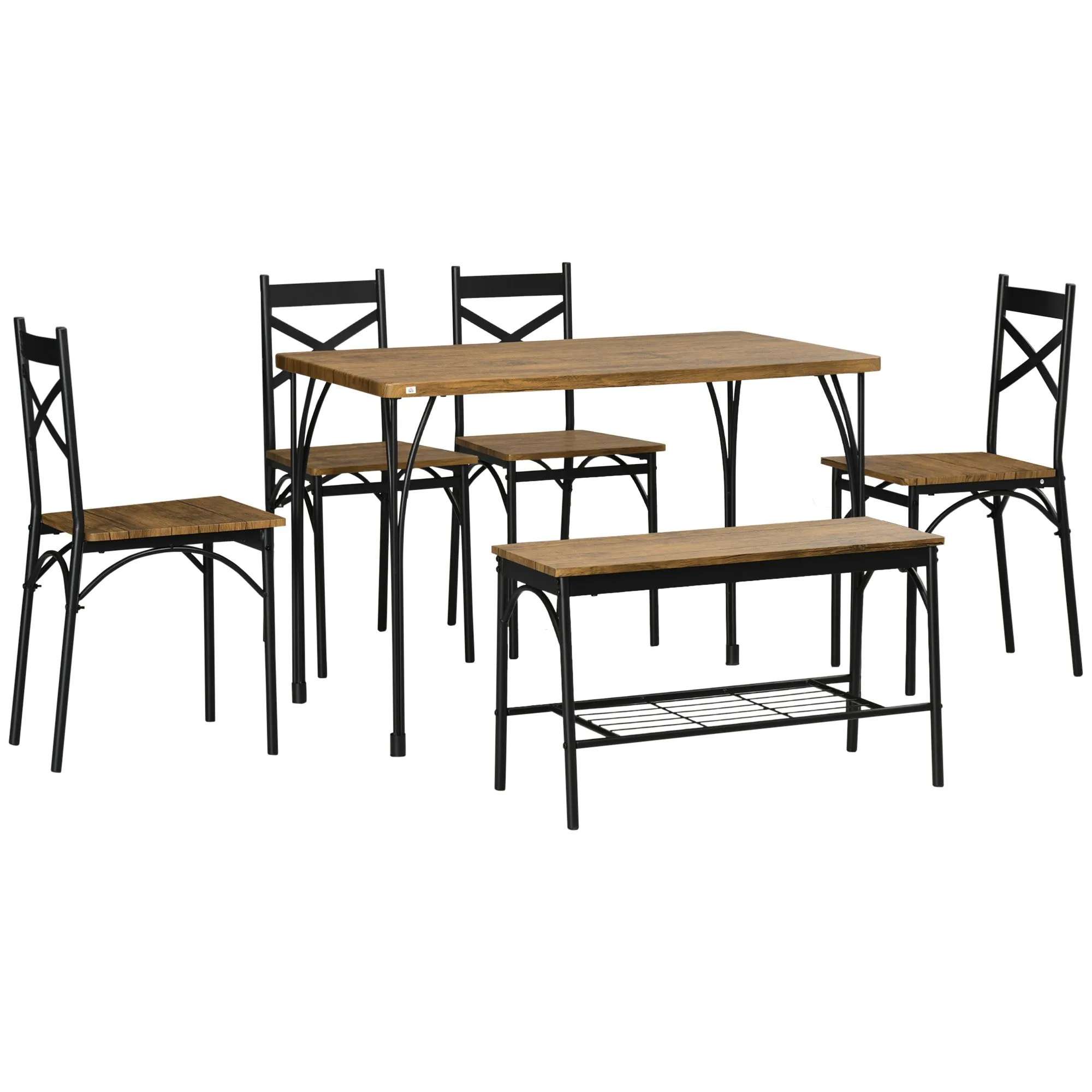 Rustic Brown Dining Set: 6-Piece Industrial Table with Bench