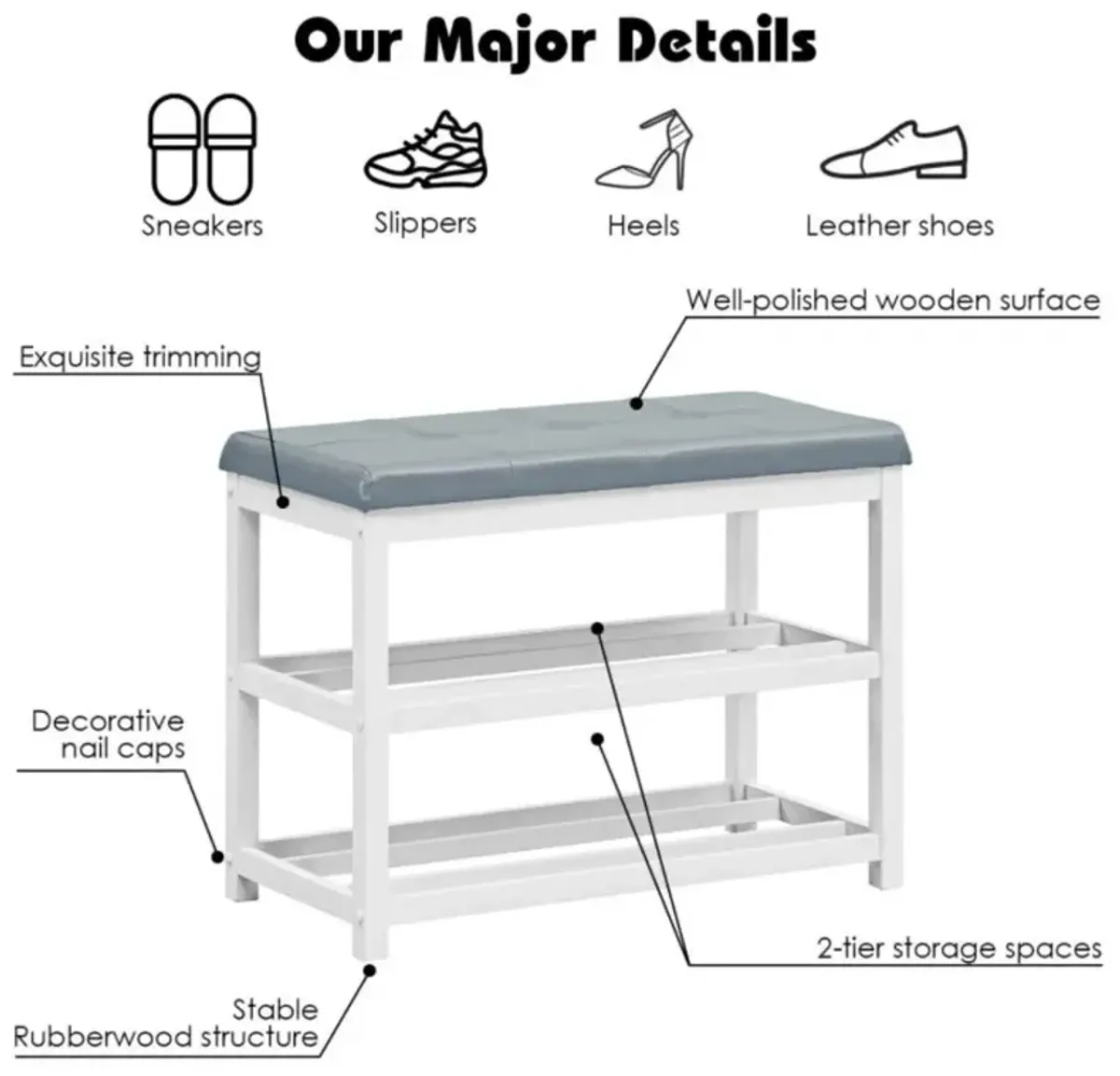 Hivvago 2-Tier Wooden Shoe Rack Bench with Padded Seat