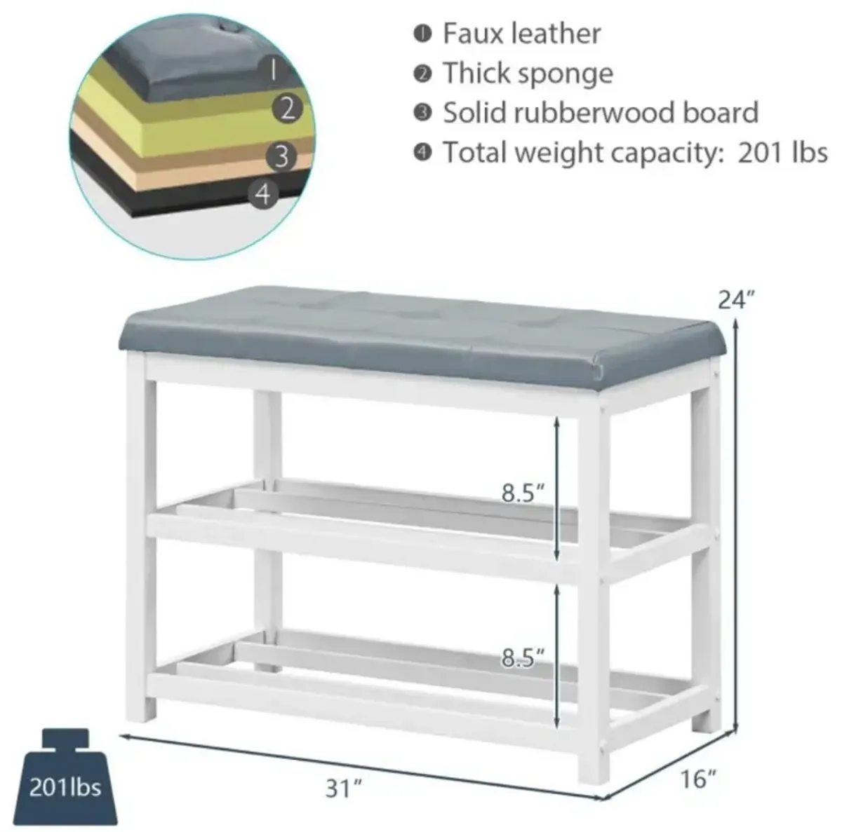 Hivvago 2-Tier Wooden Shoe Rack Bench with Padded Seat