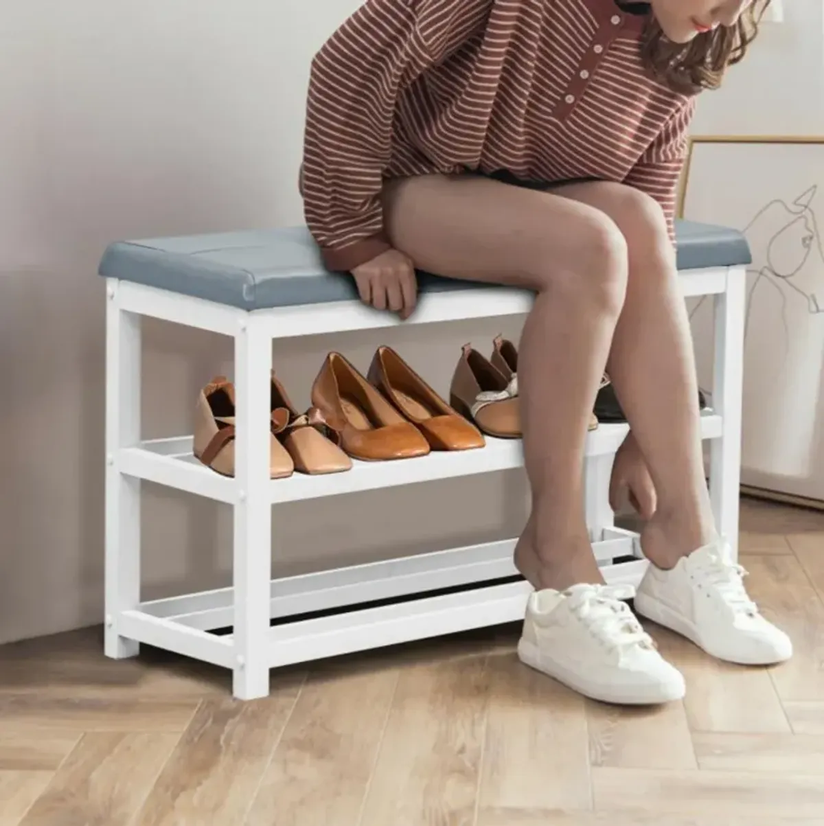 Hivvago 2-Tier Wooden Shoe Rack Bench with Padded Seat