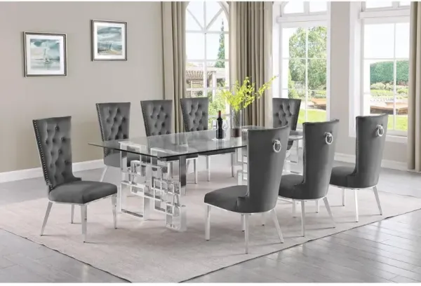 9-piece glam dining set with 8 dark grey chairs and a 95" long glass  table