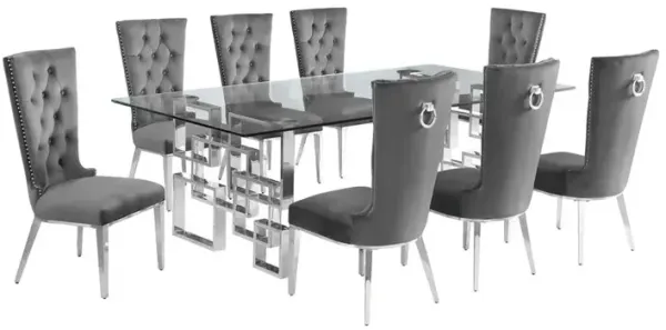 9-piece glam dining set with 8 dark grey chairs and a 95" long glass  table