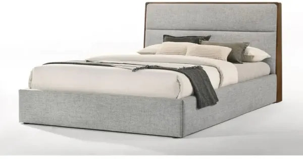 Aki Queen Size Platform Bed, Cushioned Upholstery, Gray Polyester, Walnut - Benzara