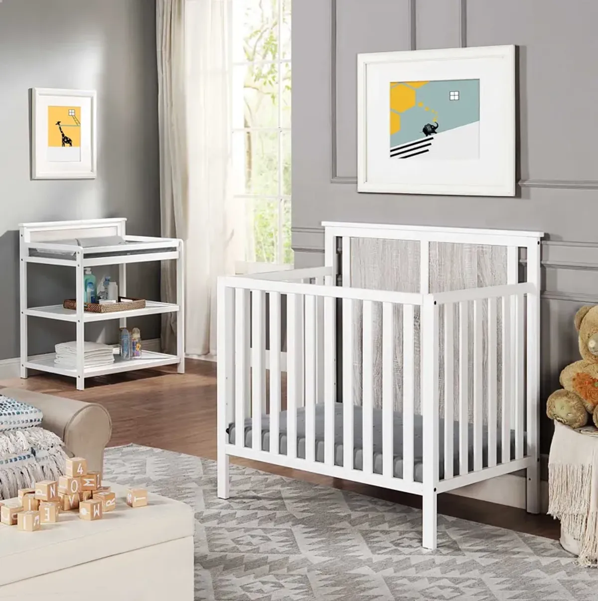 Suite Bebe Connelly Mini Crib White/Rockport Gray With Mattress Pad