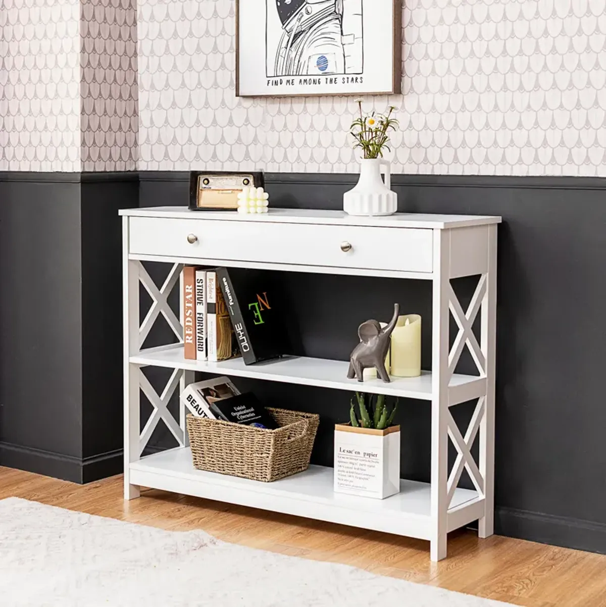 Console Table 3-Tier with Drawer and Storage Shelves