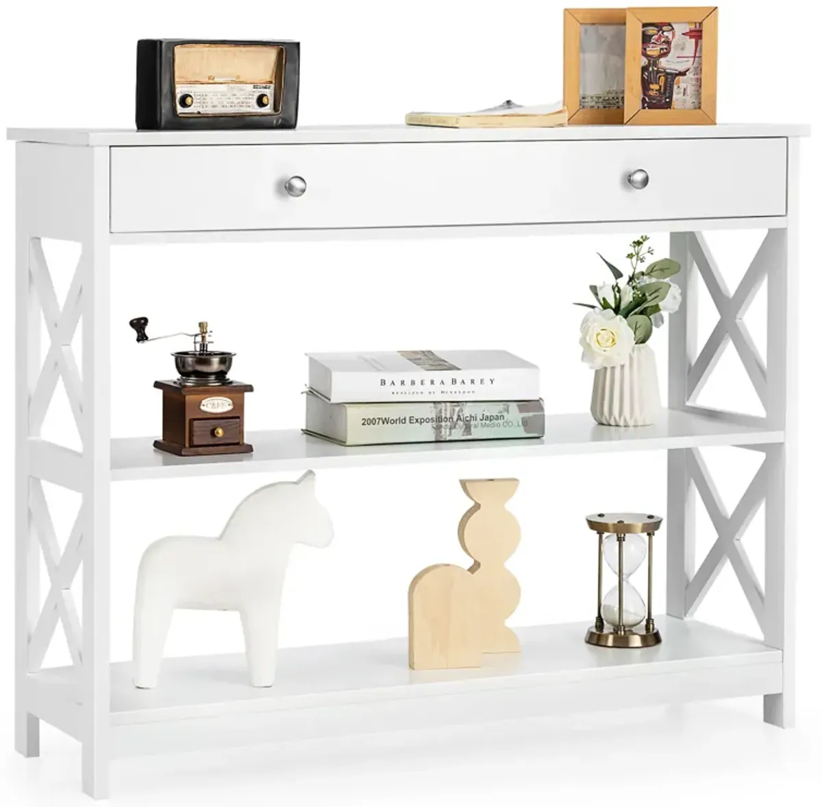 Console Table 3-Tier with Drawer and Storage Shelves