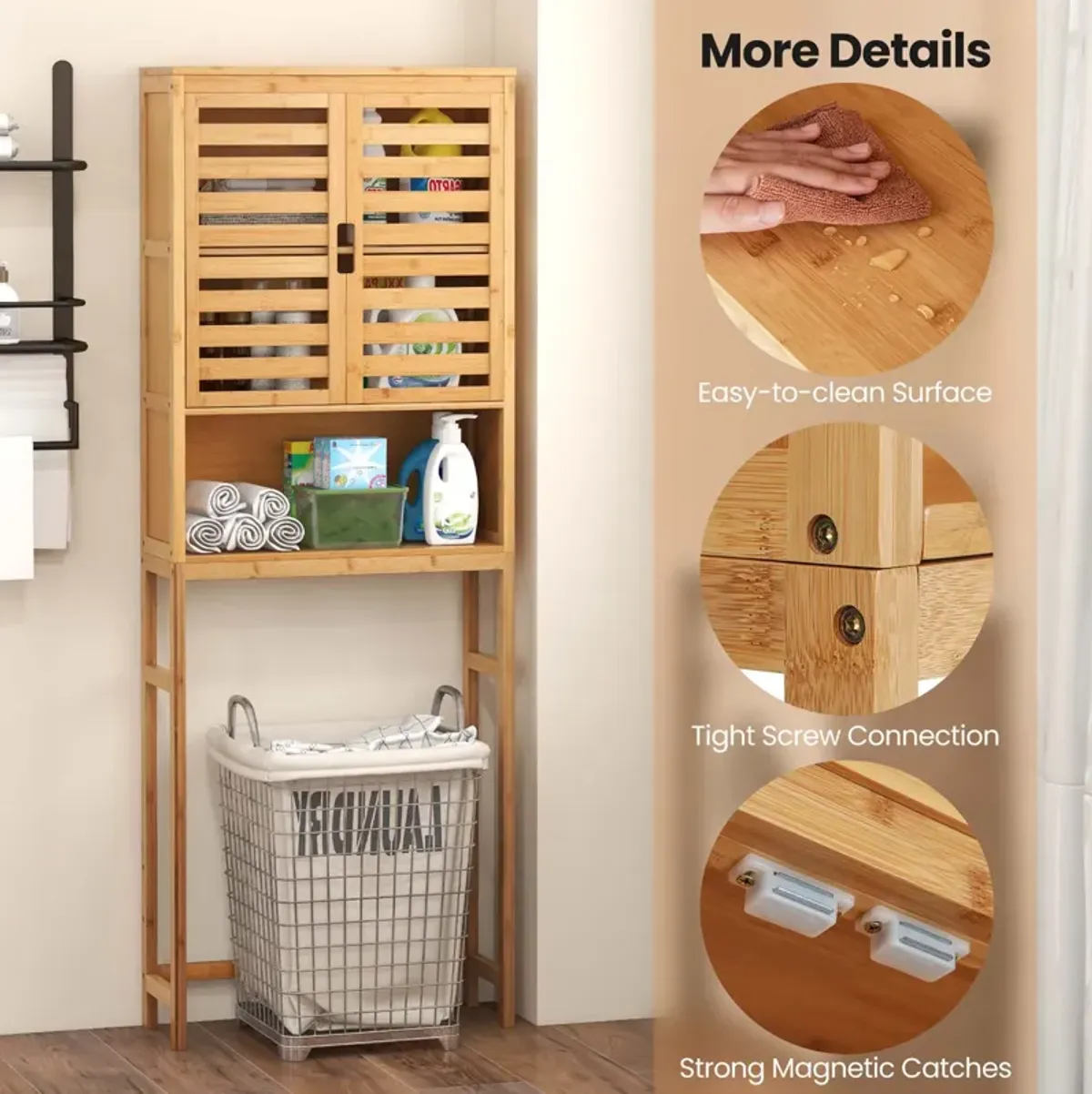 Costway Over the Toilet Storage Cabinet Tall Bathroom Bamboo Shelf Organizer Space Saver