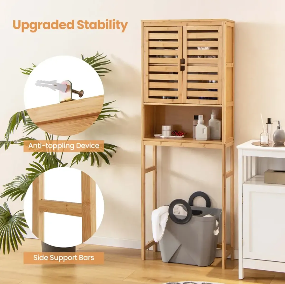 Costway Over the Toilet Storage Cabinet Tall Bathroom Bamboo Shelf Organizer Space Saver