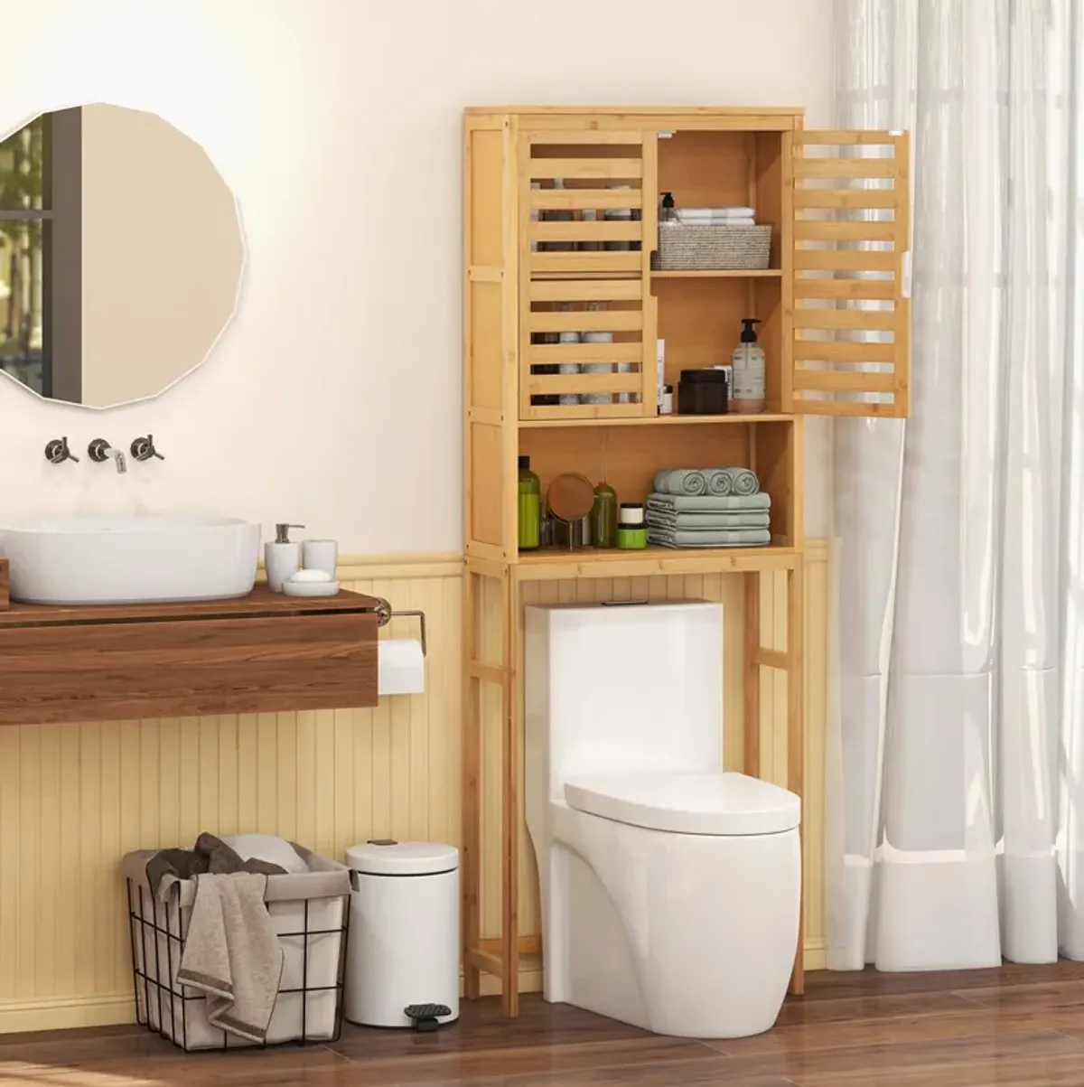 Costway Over the Toilet Storage Cabinet Tall Bathroom Bamboo Shelf Organizer Space Saver