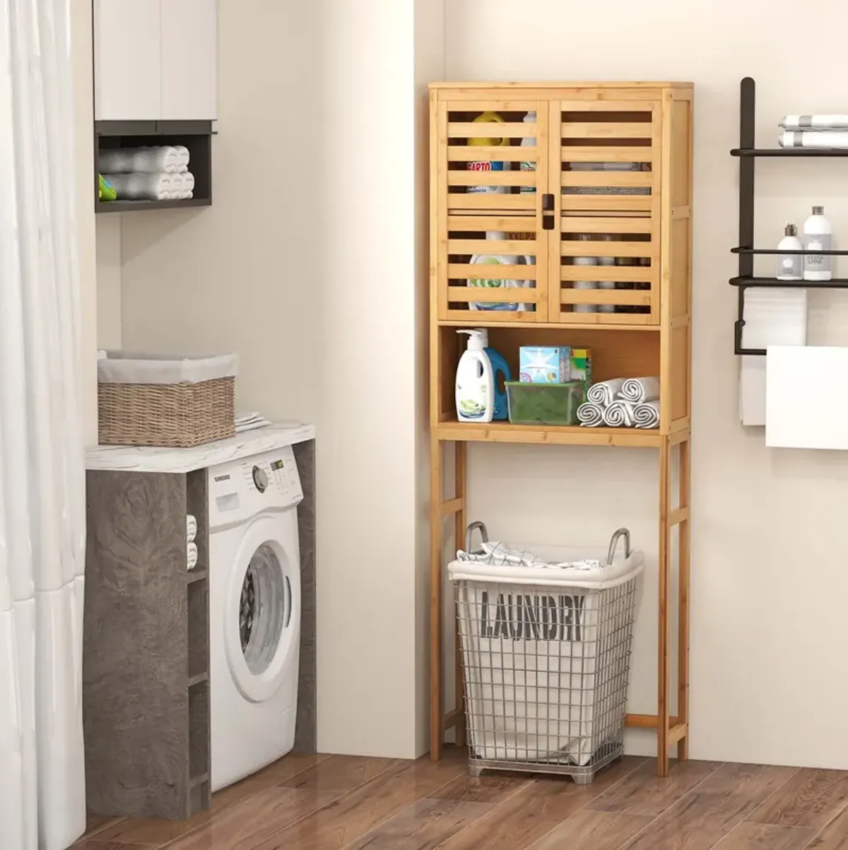 Costway Over the Toilet Storage Cabinet Tall Bathroom Bamboo Shelf Organizer Space Saver