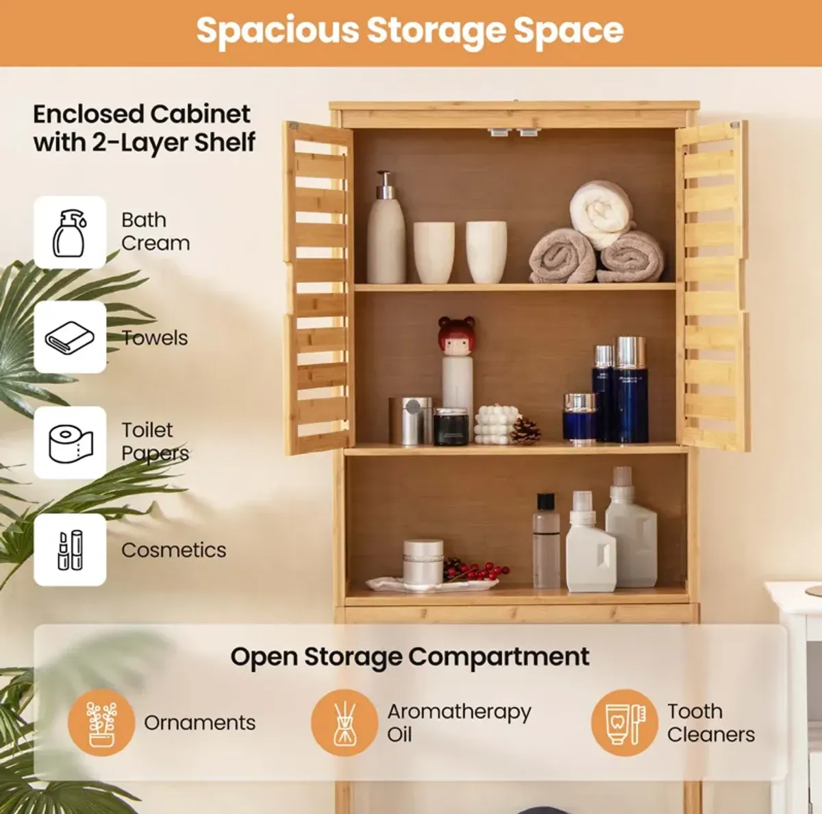 Costway Over the Toilet Storage Cabinet Tall Bathroom Bamboo Shelf Organizer Space Saver