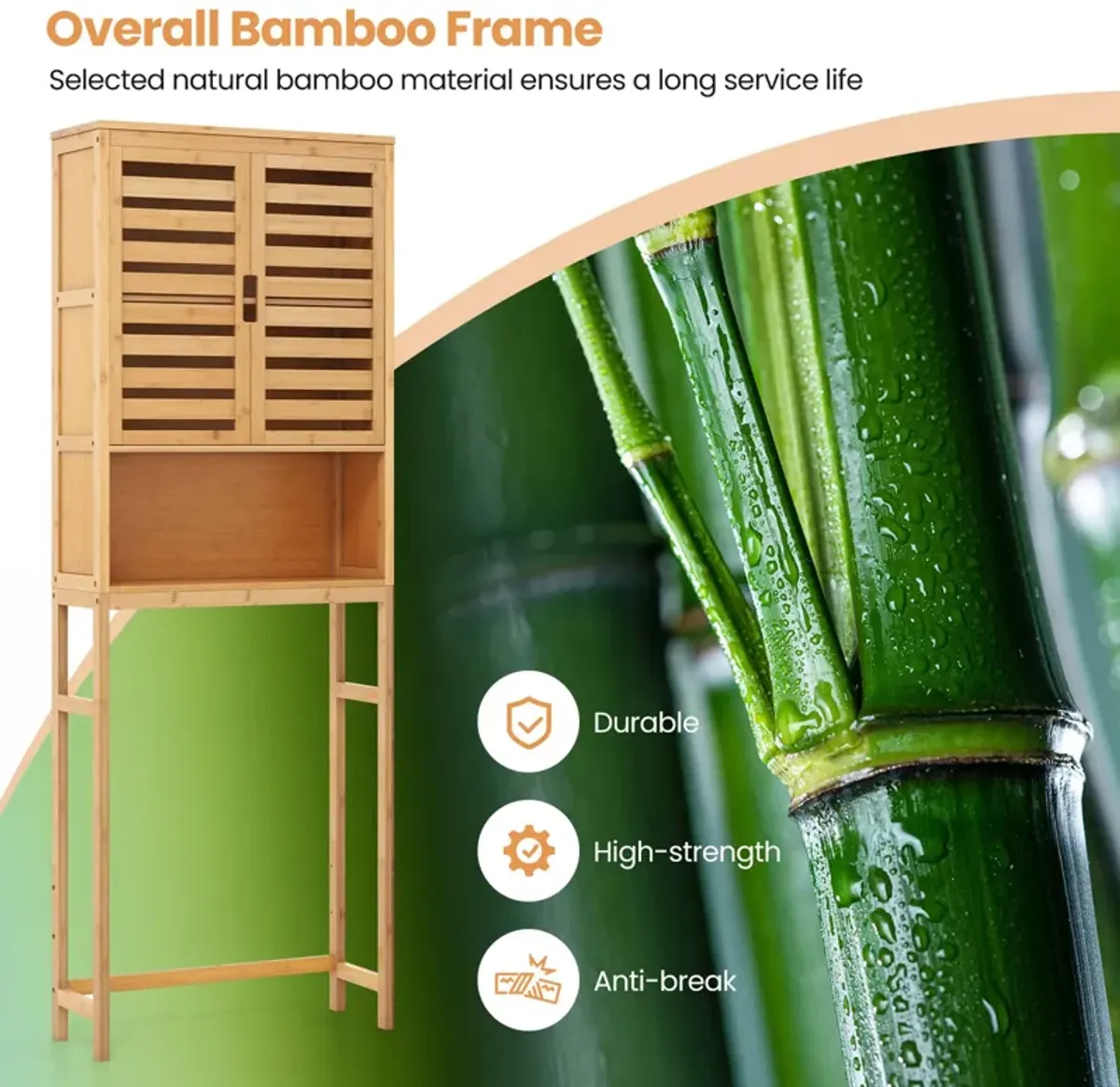 Costway Over the Toilet Storage Cabinet Tall Bathroom Bamboo Shelf Organizer Space Saver