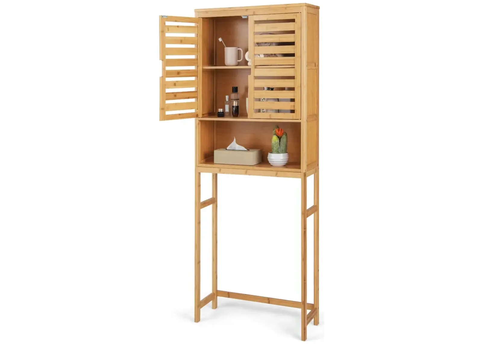 Costway Over the Toilet Storage Cabinet Tall Bathroom Bamboo Shelf Organizer Space Saver