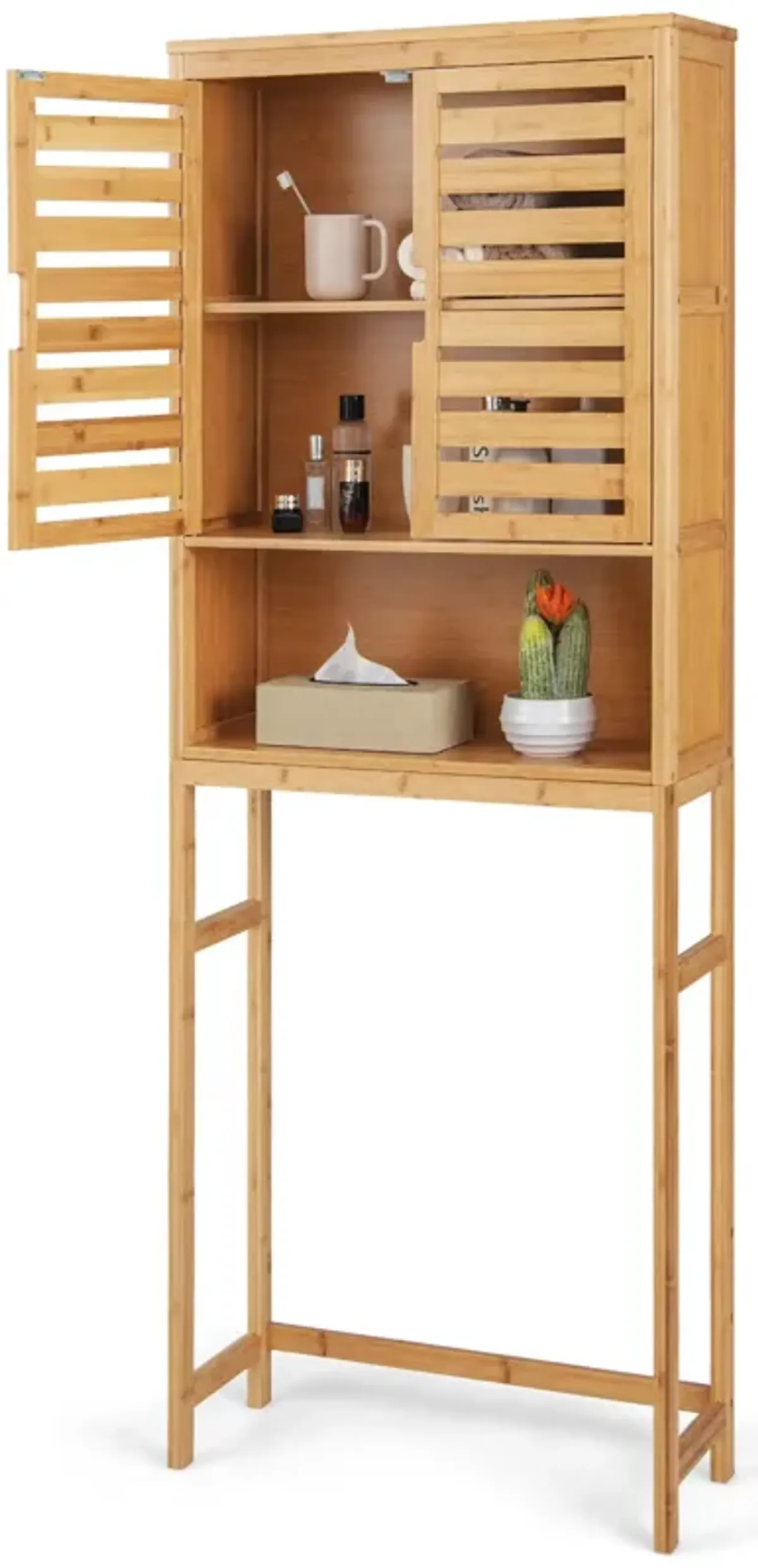 Costway Over the Toilet Storage Cabinet Tall Bathroom Bamboo Shelf Organizer Space Saver