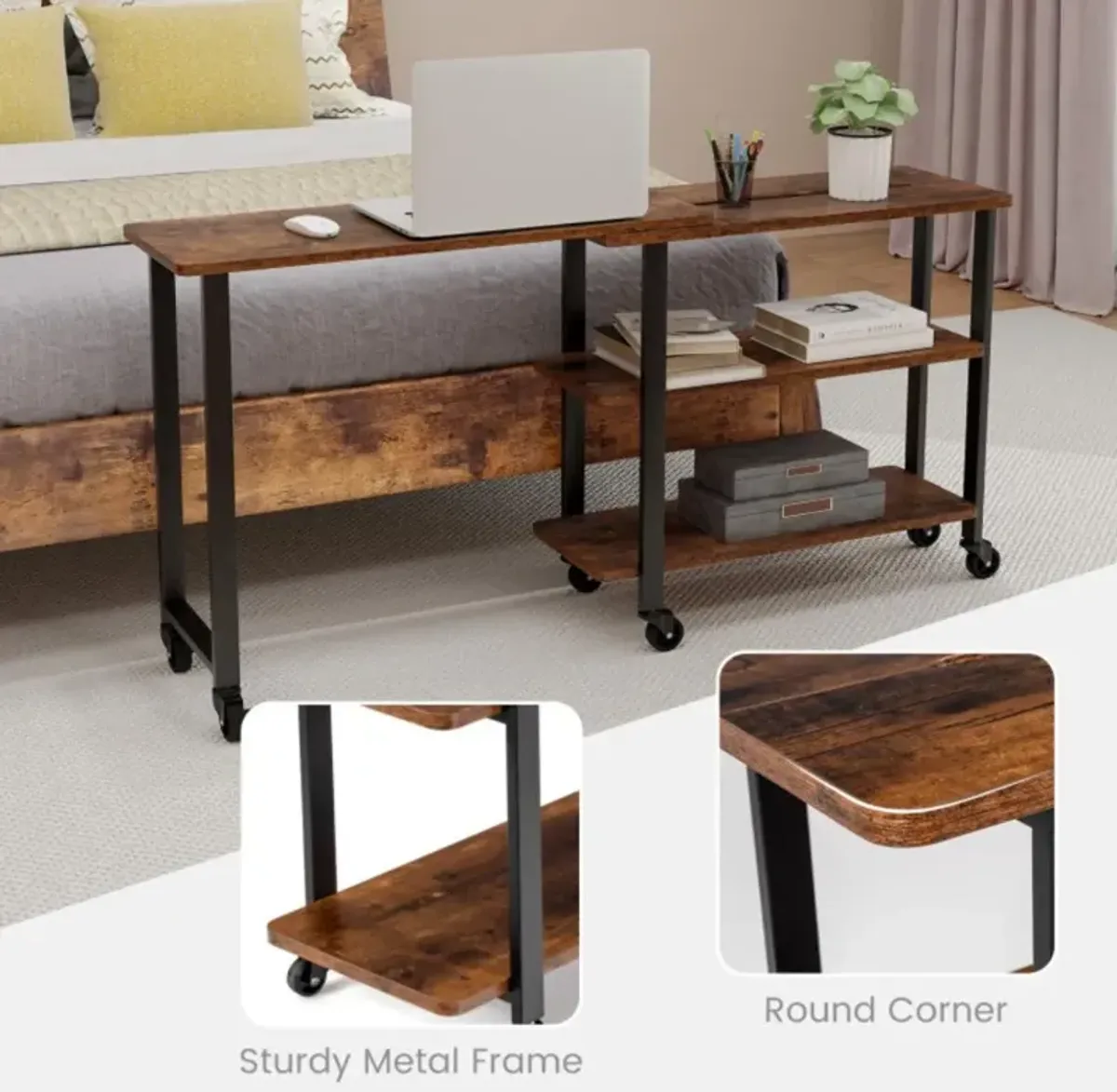 Hivvago 360° Free Rotating Sofa Side Table with Storage Shelves and Casters