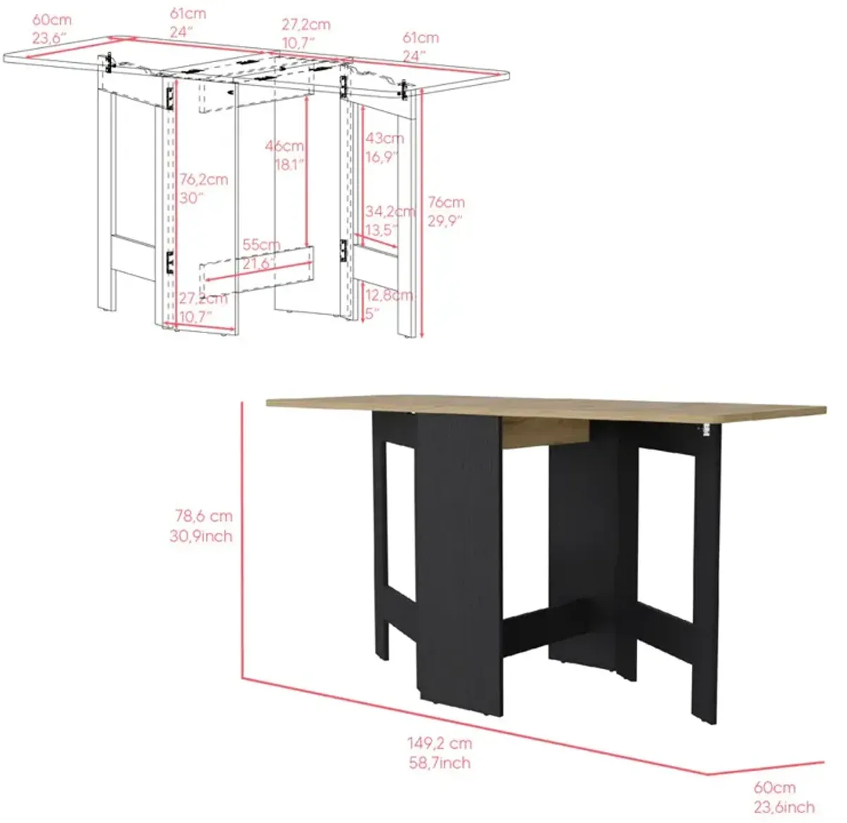 Folding Dining Table Evart, Living Room, Black / Macadamia