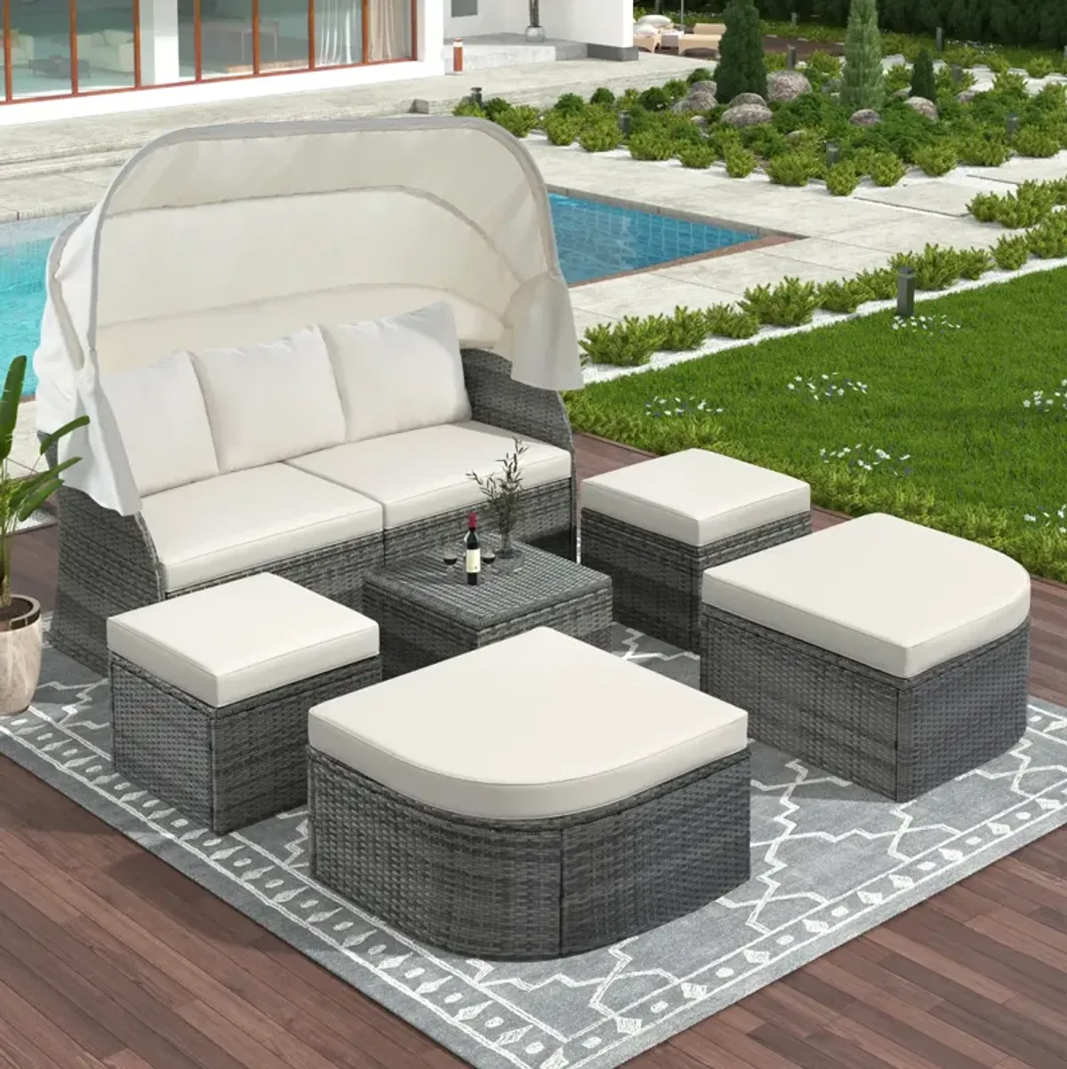 Outdoor Patio Furniture Set Daybed Sunbed with Retractable Canopy Conversation Set Wicker Furniture