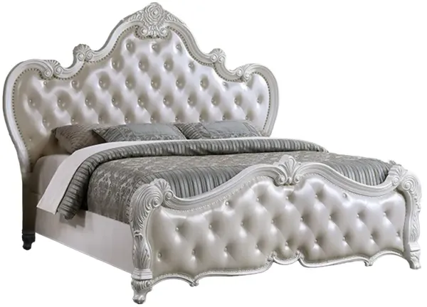 Venta King Size Bed, Pearl White Button Tufted Faux Leather Upholstery - Benzara