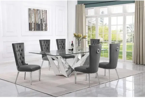 7pc Large(94") glass top dining set with silver base and 6 Dark grey side chairs