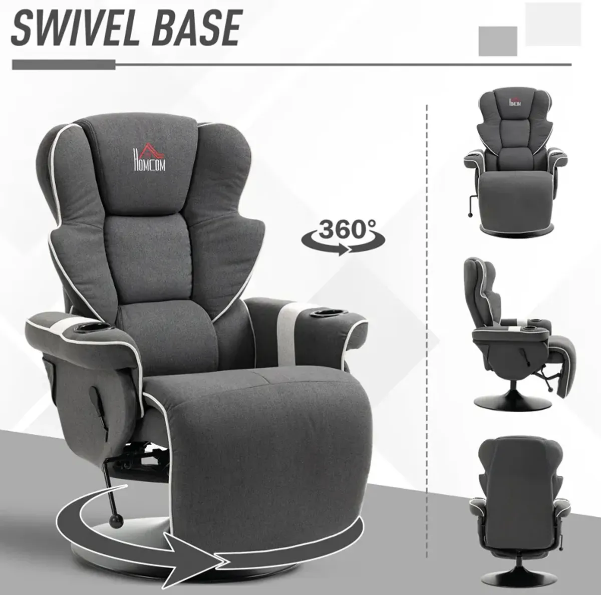 Black Living Room Comfort: Manual Swivel Recliner with Cup Holders