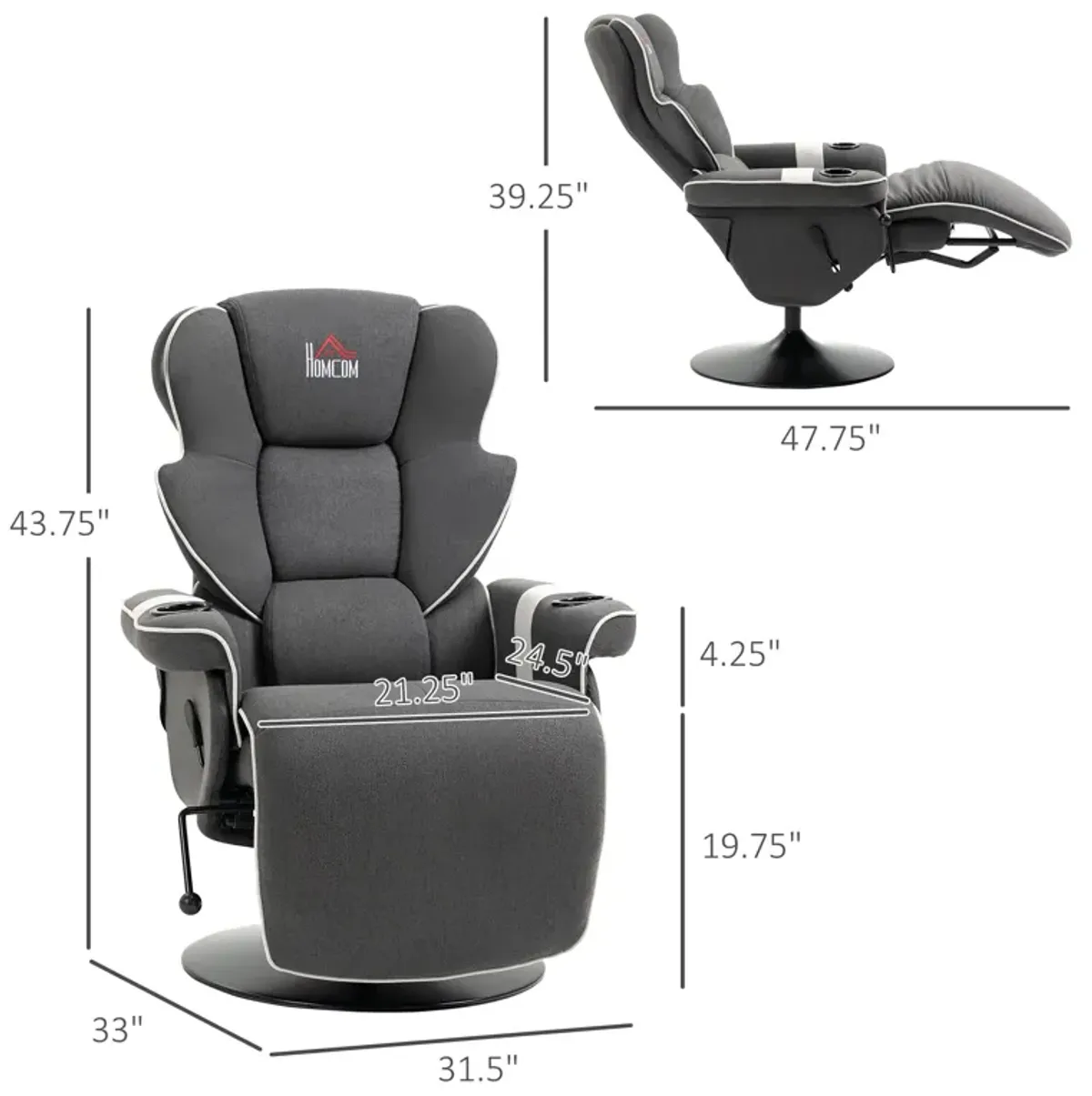 Black Living Room Comfort: Manual Swivel Recliner with Cup Holders