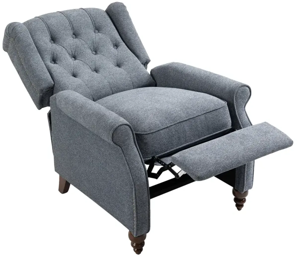 34 in. W Blue Elegant Nailhead Tufted Recliner, Push Back Accent Chair with Rubber Wooden Legs