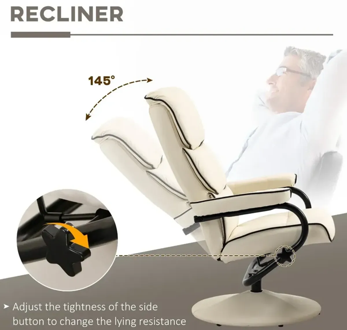 Cream White Lounger: Recliner Chair with Ottoman and Swivel Base