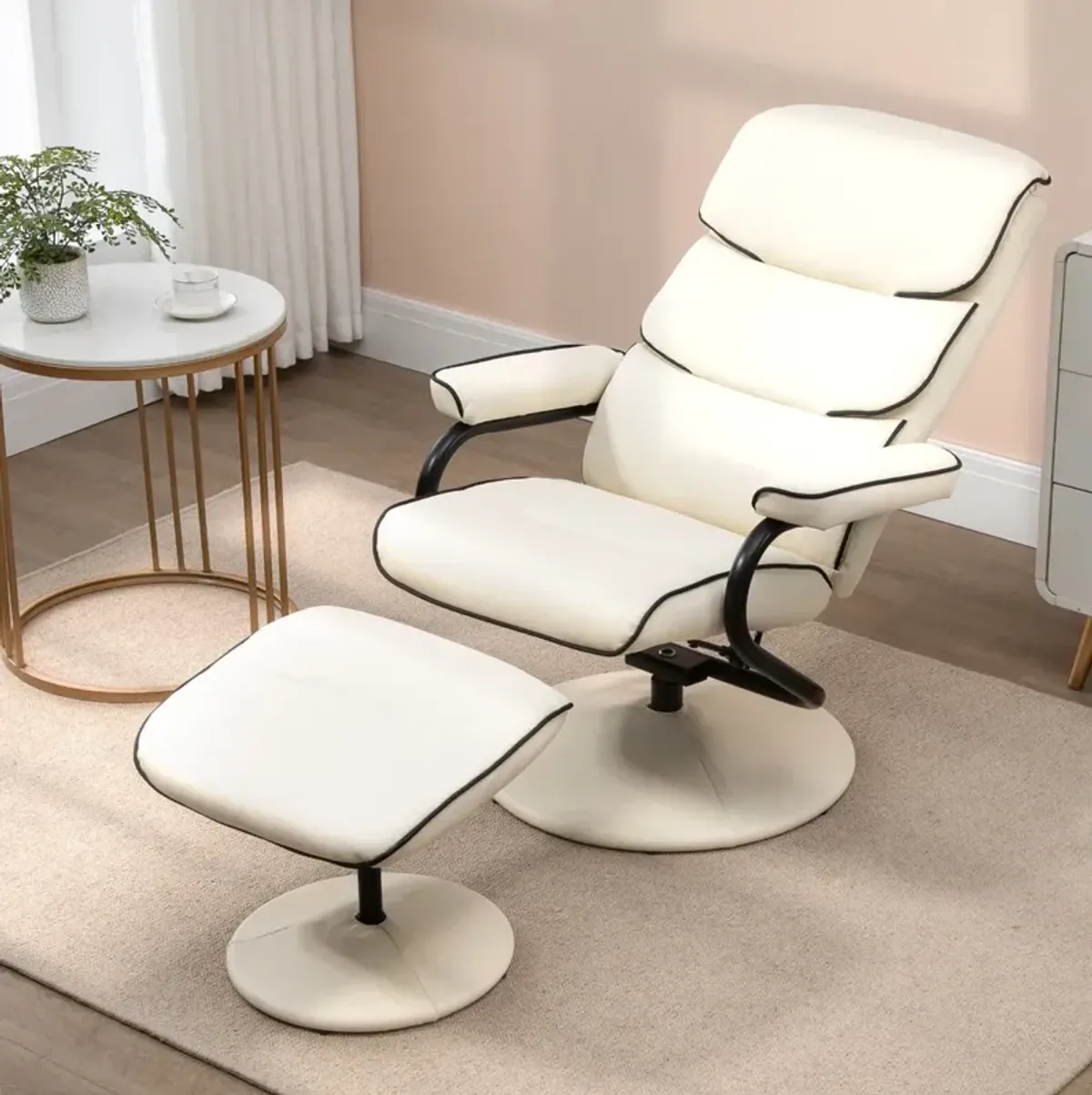 Cream White Lounger: Recliner Chair with Ottoman and Swivel Base