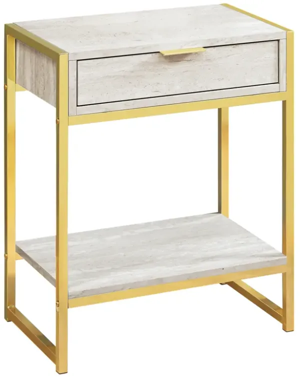 Monarch Specialties I 3483 Accent Table, Side, End, Nightstand, Lamp, Storage Drawer, Living Room, Bedroom, Metal, Laminate, Beige Marble Look, Gold, Contemporary, Modern