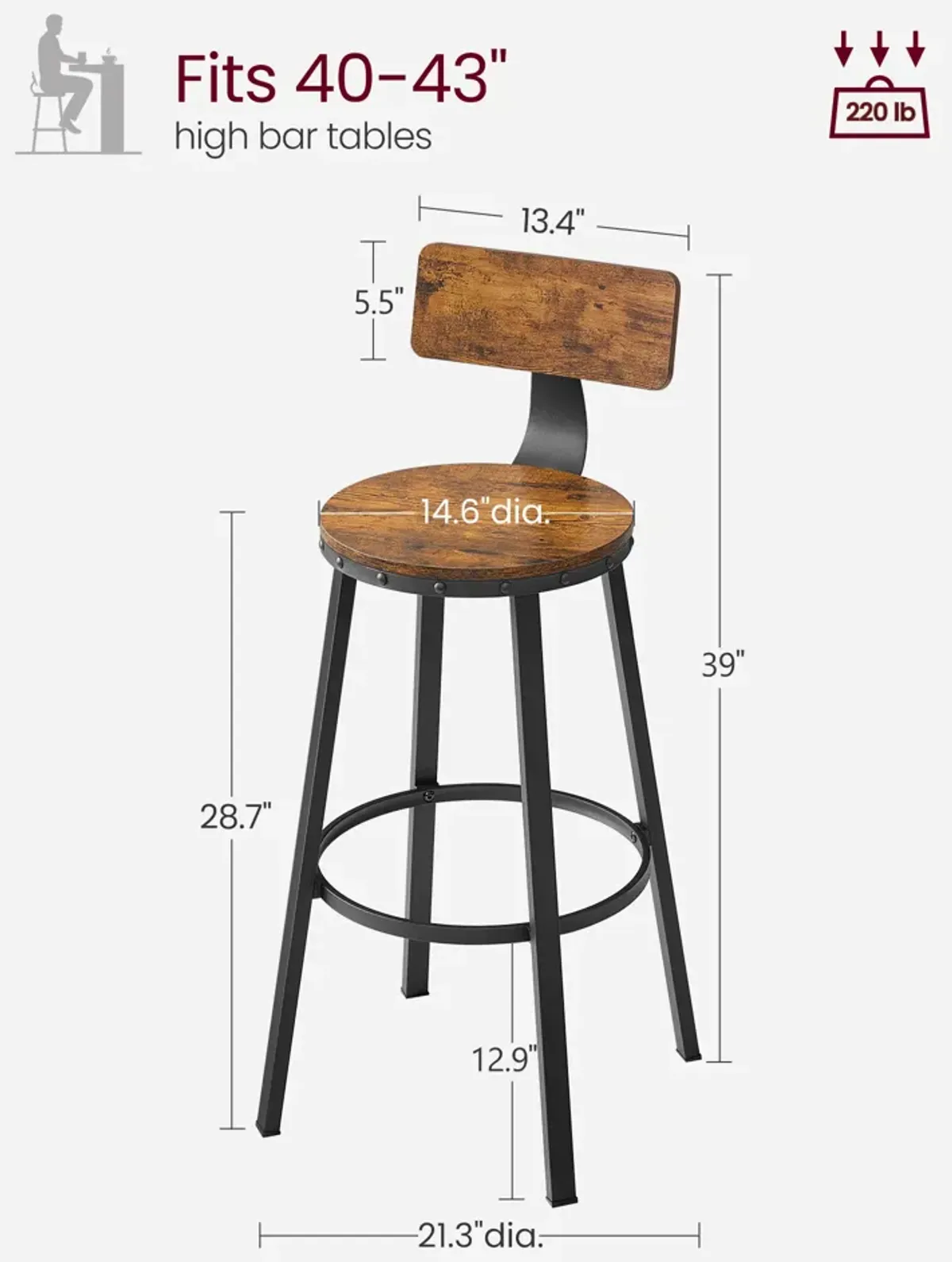 Set of 2 Tall Bar Stools with Backrest – Heavy-Duty Steel Frame for Kitchen