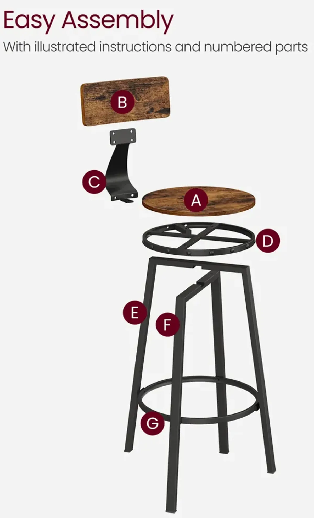 Set of 2 Tall Bar Stools with Backrest – Heavy-Duty Steel Frame for Kitchen