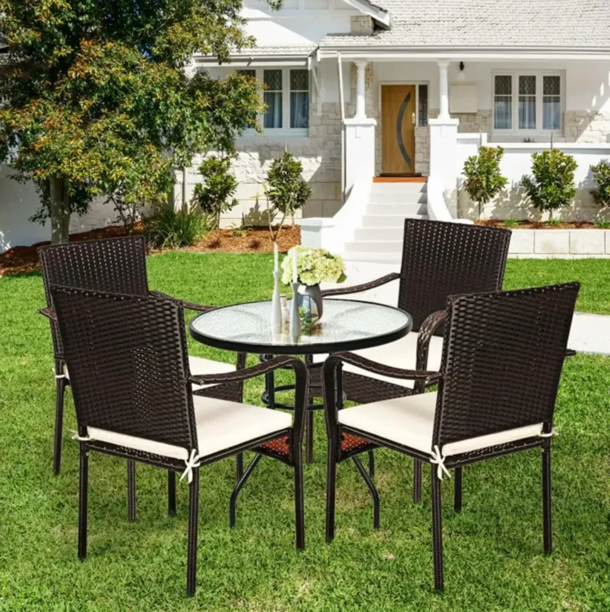 Hivvago Set of 4 Patio Rattan Stackable Dining Chair with Cushioned Armrest for Garden