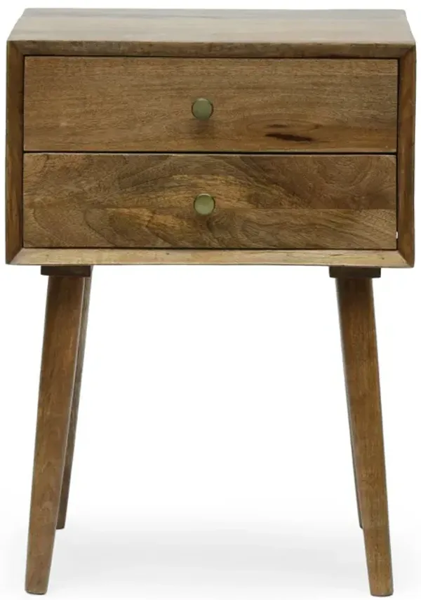 Side End Table, 2 Drawers, Splayed Legs, Natural Brown Mango Wood - Benzara