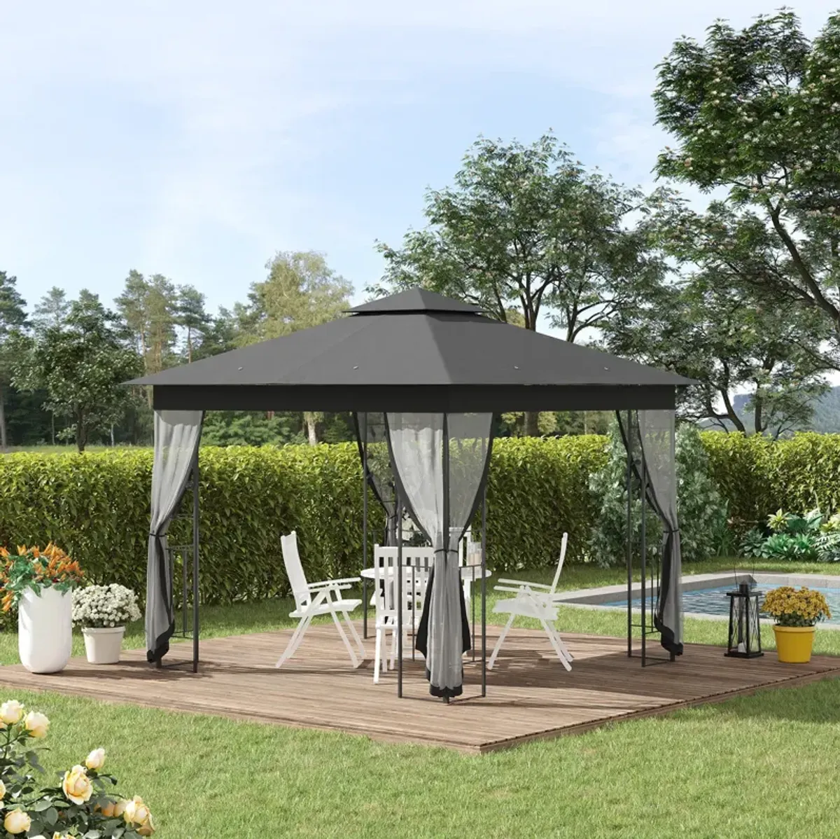 Grey Backyard Haven: 10x10 Gazebo with 2-Tier Roof and Curtains