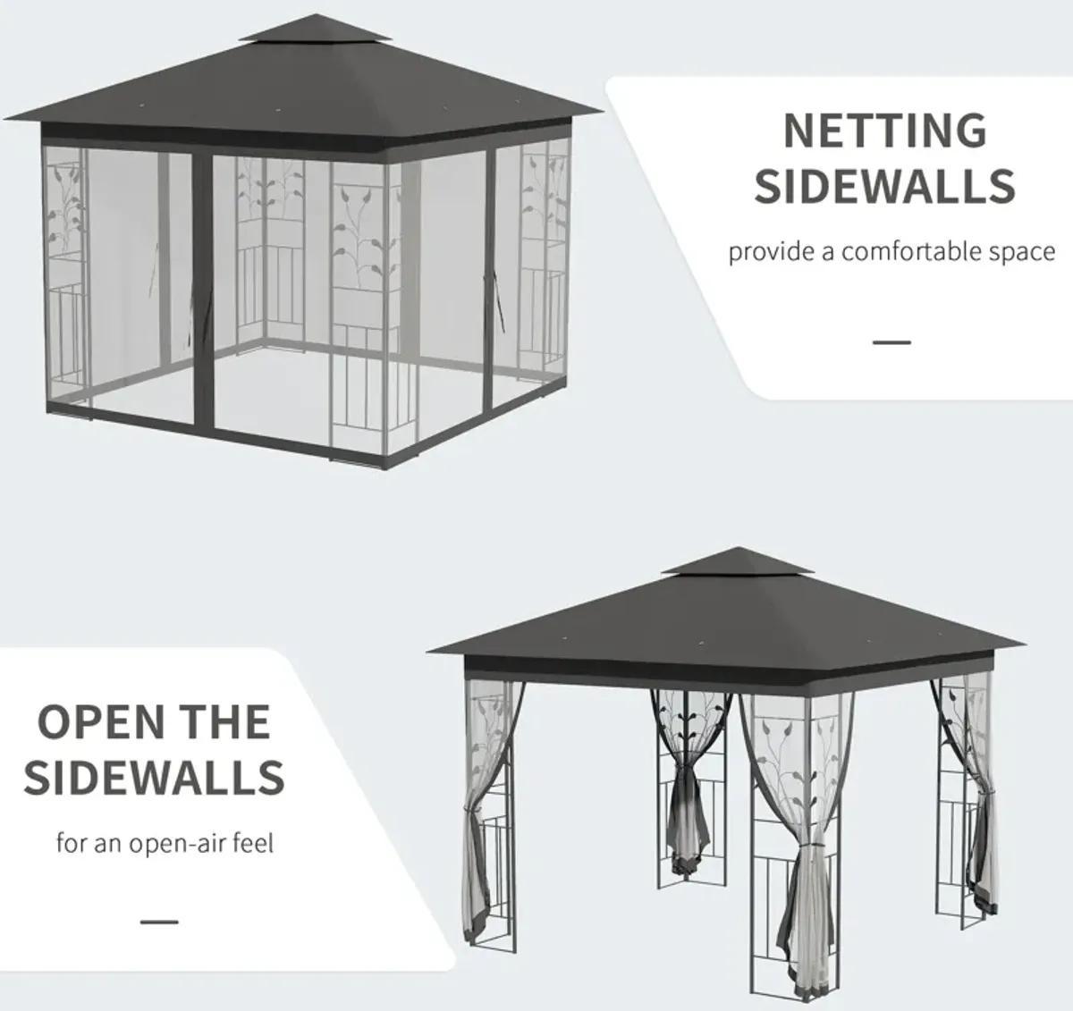 Grey Backyard Haven: 10x10 Gazebo with 2-Tier Roof and Curtains