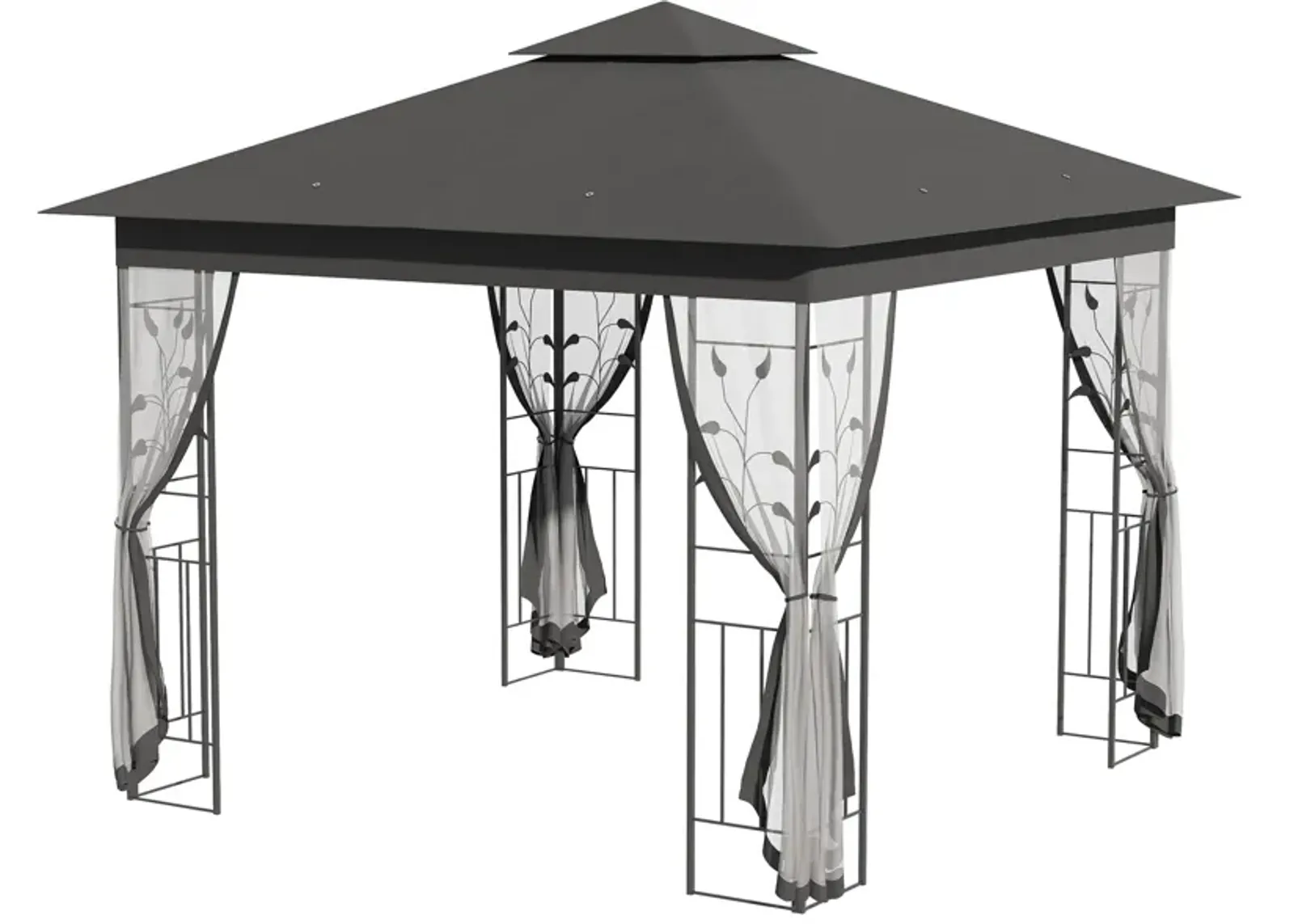 Grey Backyard Haven: 10x10 Gazebo with 2-Tier Roof and Curtains