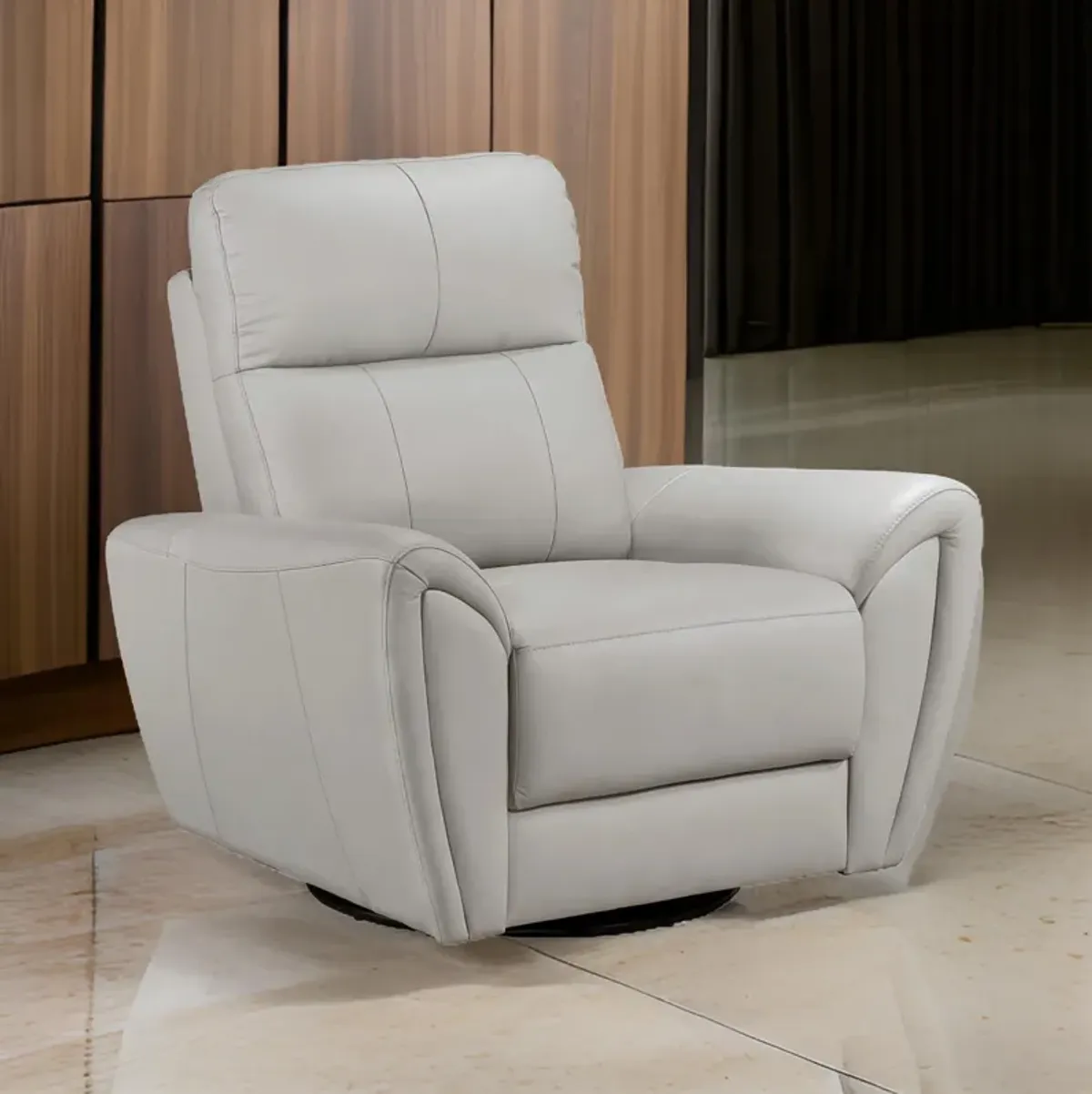 Jessica 39 Inch Swivel Glider Chair, Gray, Top Grain Leather, Solid Wood - Benzara