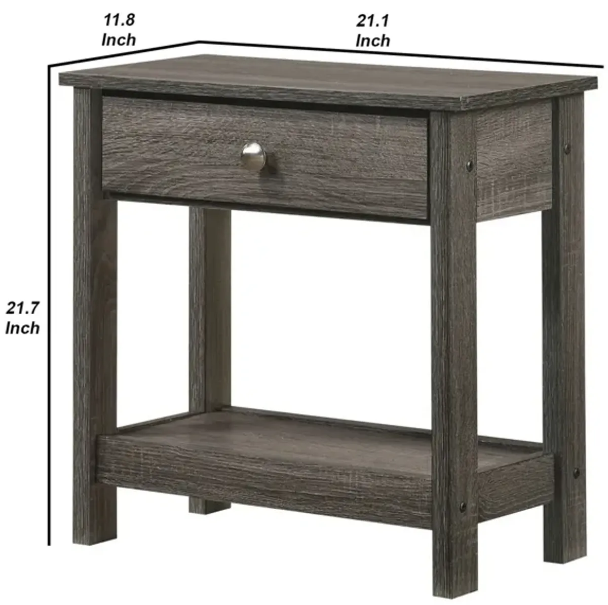 Nightstand with 1 Wooden Drawer and Grain Details, Gray-Benzara