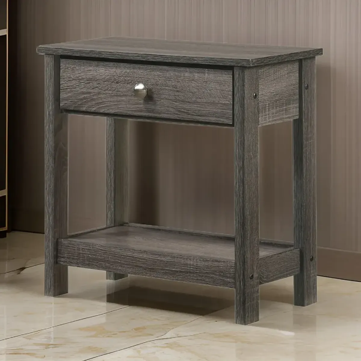 Nightstand with 1 Wooden Drawer and Grain Details, Gray-Benzara