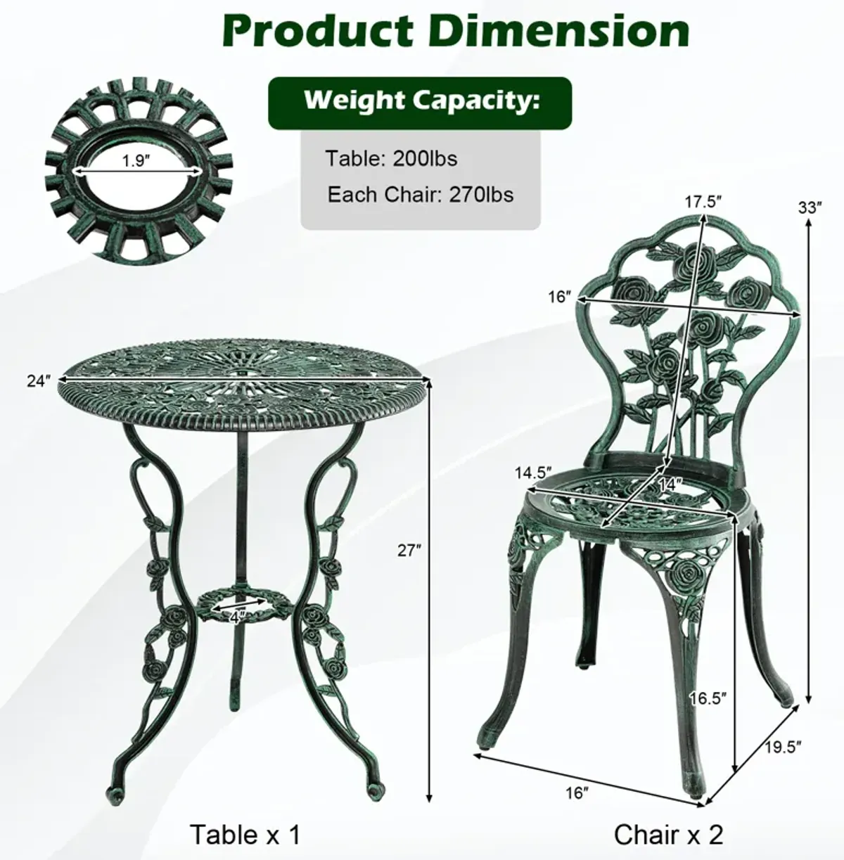 Outdoor Cast Aluminum Patio Furniture Set with Rose Design