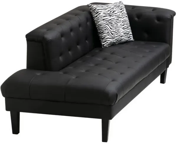 Ella 77 Inch Chaise with Pillow, Deep Button Tufted, Black Vegan Leather-Benzara