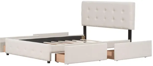 Linen Upholstered Platform Bed with 4 Drawers and Classic Headboard Design