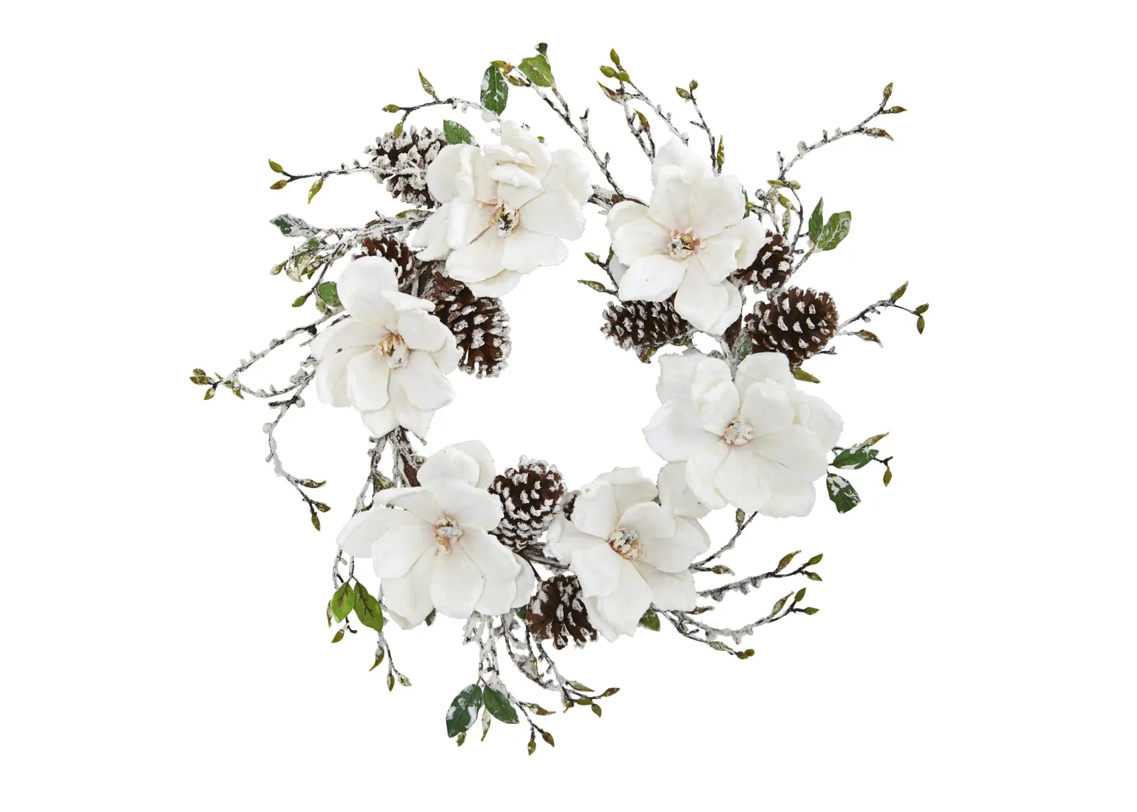 HomPlanti 24" Snowed Magnolia / Pine Cone Wreath